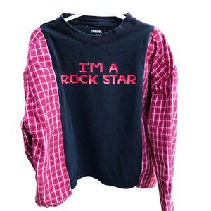 Upcycled Boy’s Plaid Tee: Rock Star Graphic T-Shirt w/Long Sleeves, Size 6-10